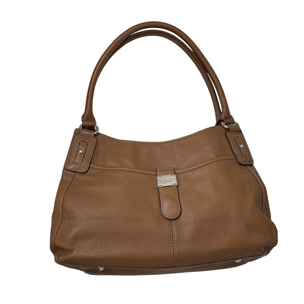 Tignanello‎ Caramel Graham Cracker Brown Pebbled Leather Hobo Bag Silver Y2K 15"
